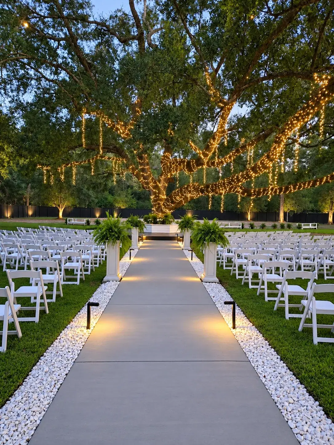 Ceremony aisle leading to an oak tree wrapped in lights