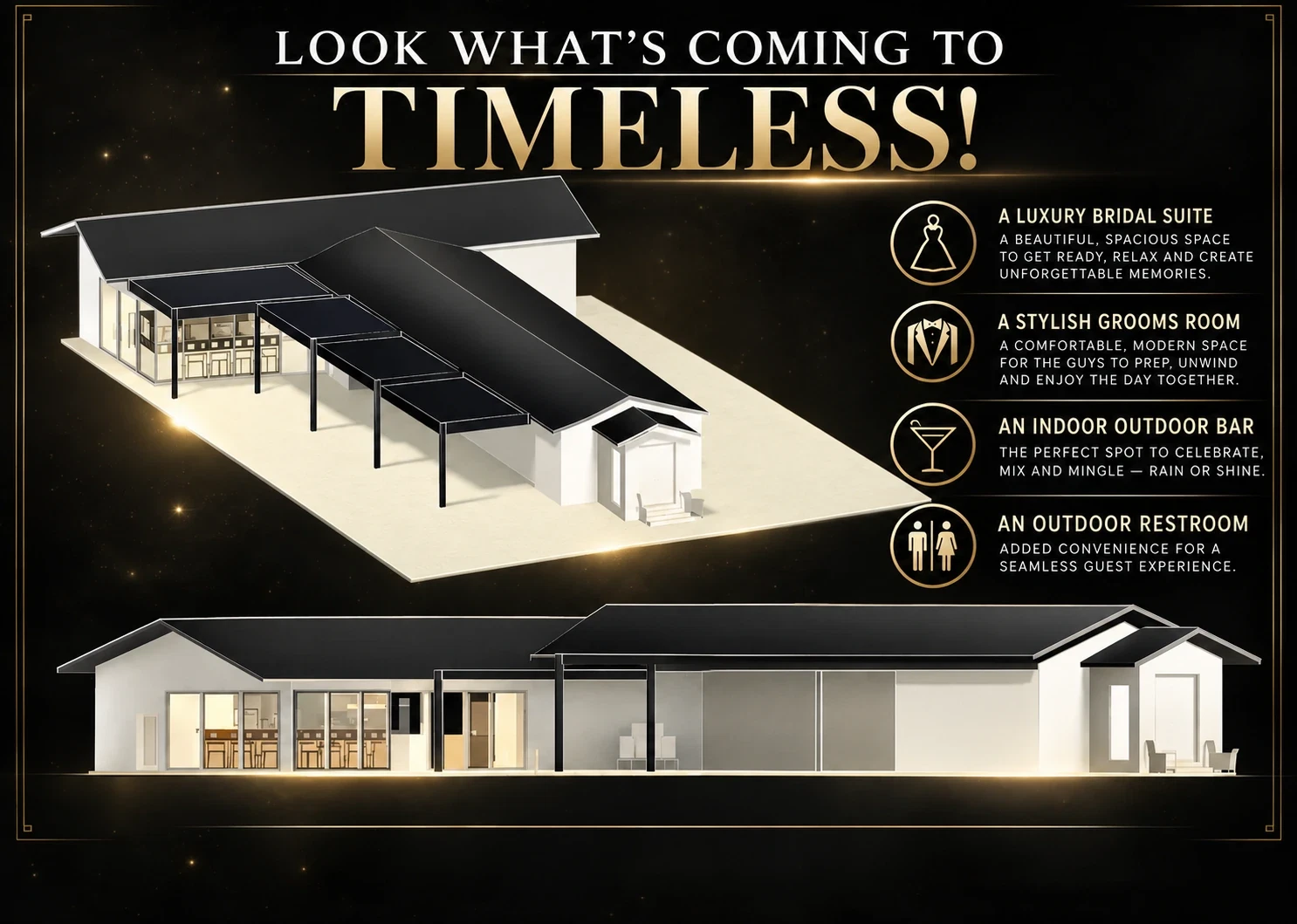 Planned addition featuring a luxury bridal suite, groom's room, indoor-outdoor bar, and outdoor restroom